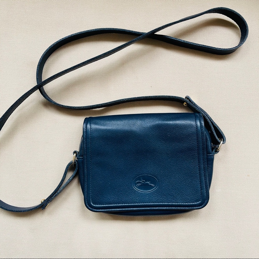 Vintage Longchamp Leather Mini Crossbody Purse Navy